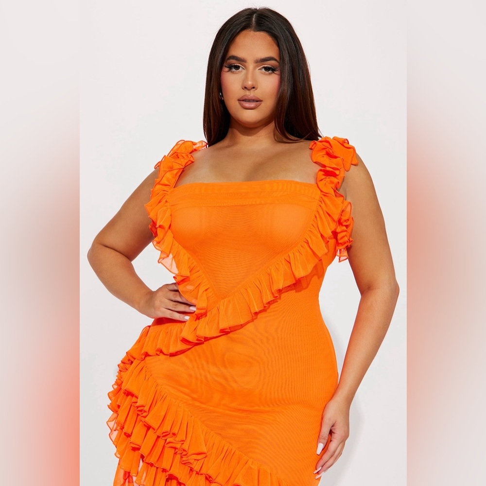 NWT Ruffled Asymmetric Orange Mini Dress - Picture 2 of 3